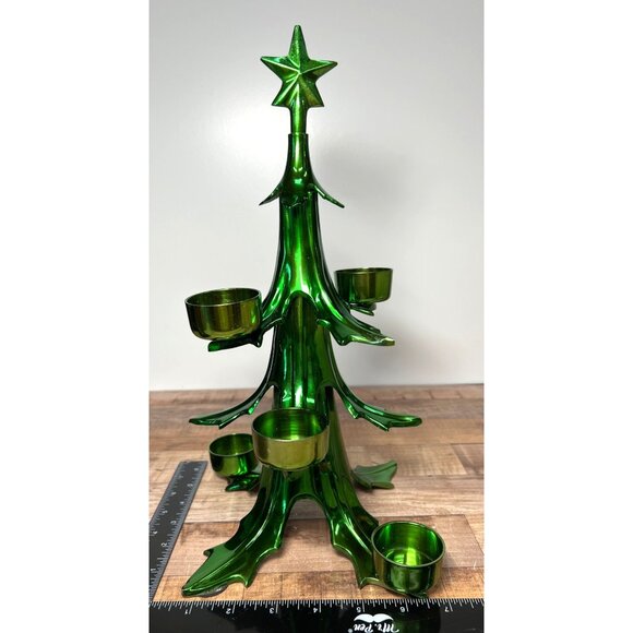 Metallic Green Christmas Tree Tealight Holder With Star Holds 6 Candles Heavy - Picture 4 of 6